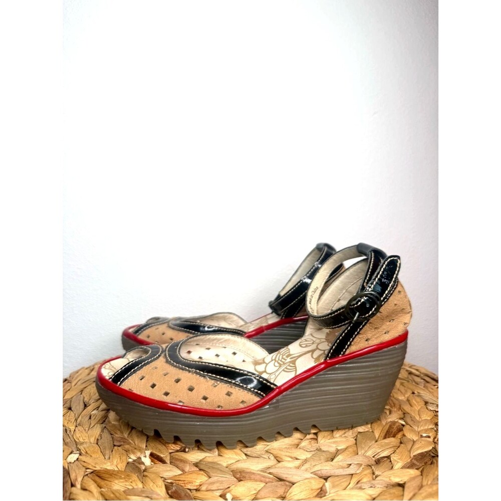 Fly London Shoes Ydel Perforated Leather Wedge Sandals Tan Black Red peep toe